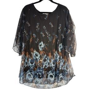 Sese Code Floral Mesh Overlay Tunic Blouse Boho Sheer Flutter Sleeve Top 3XL